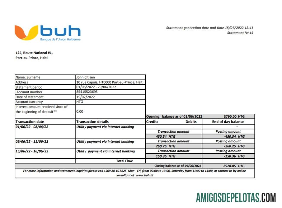 Extrato bancário Haiti BUH modelo Xls